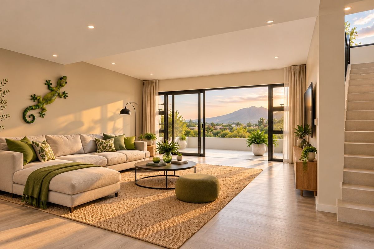 A bright and modern living room featuring recessed lighting, laminate flooring, and large sliding glass doors that open onto a balcony with scenic mountain views.