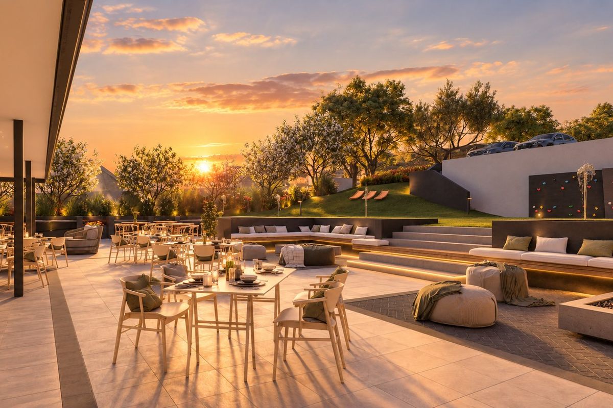 Expansive outdoor patio area featuring built-in seating, a fire pit, tiered landscaping, and a climbing wall, perfect for entertainment and leisure.