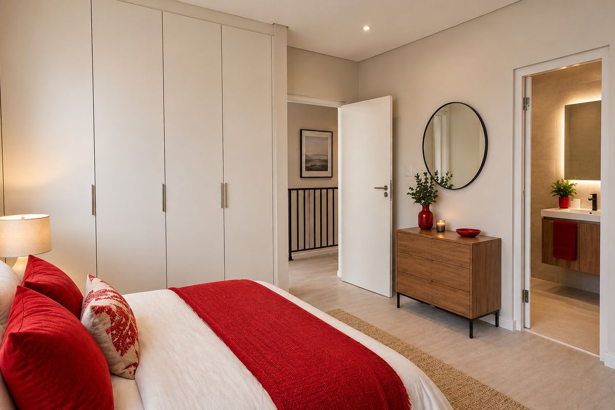 A well-maintained bedroom featuring built-in cupboards, recessed lighting, and an en-suite bathroom with a modern vanity.