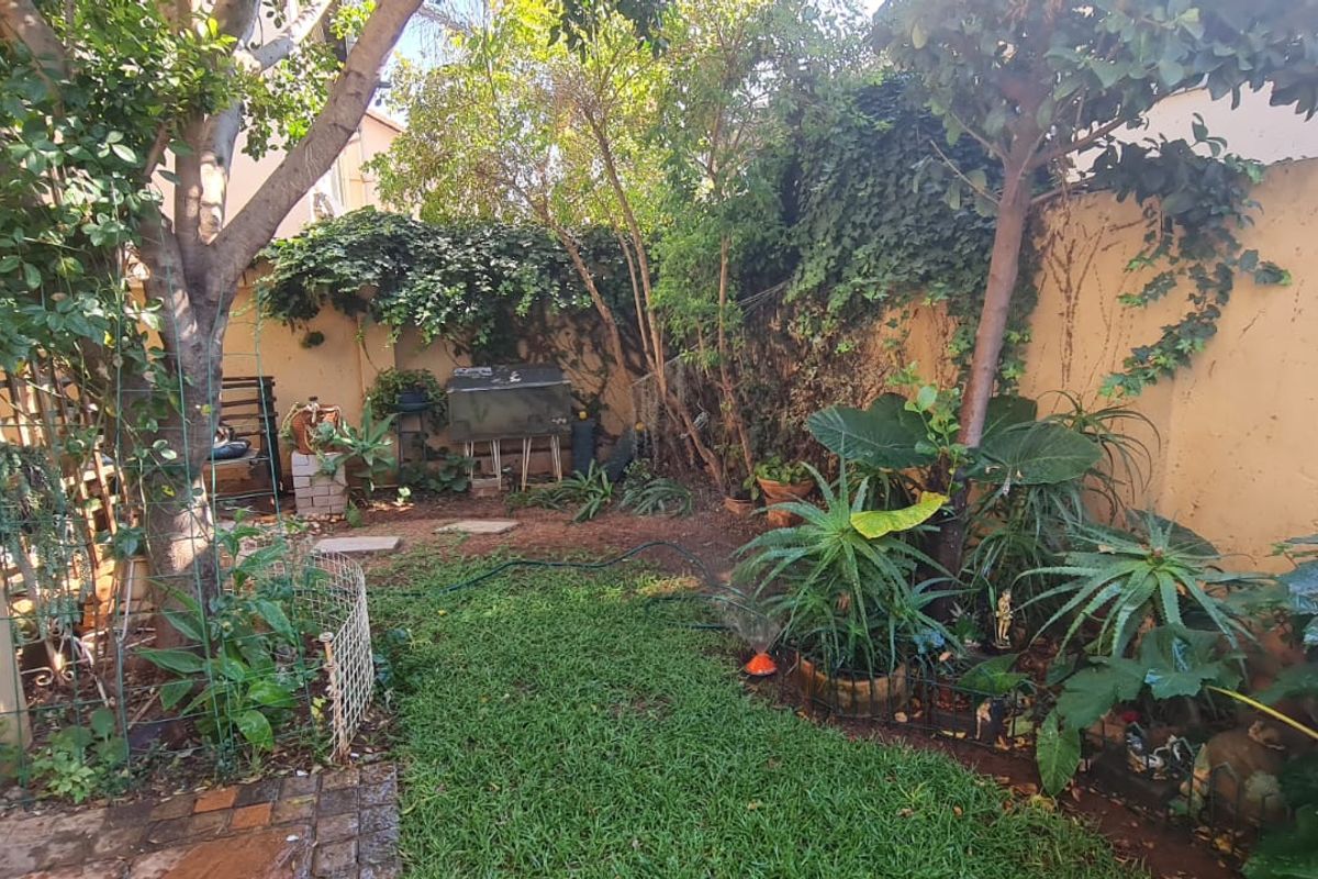 A private rear garden featuring established trees, a small lawn area, and a paved walkway enclosed by a boundary wall.