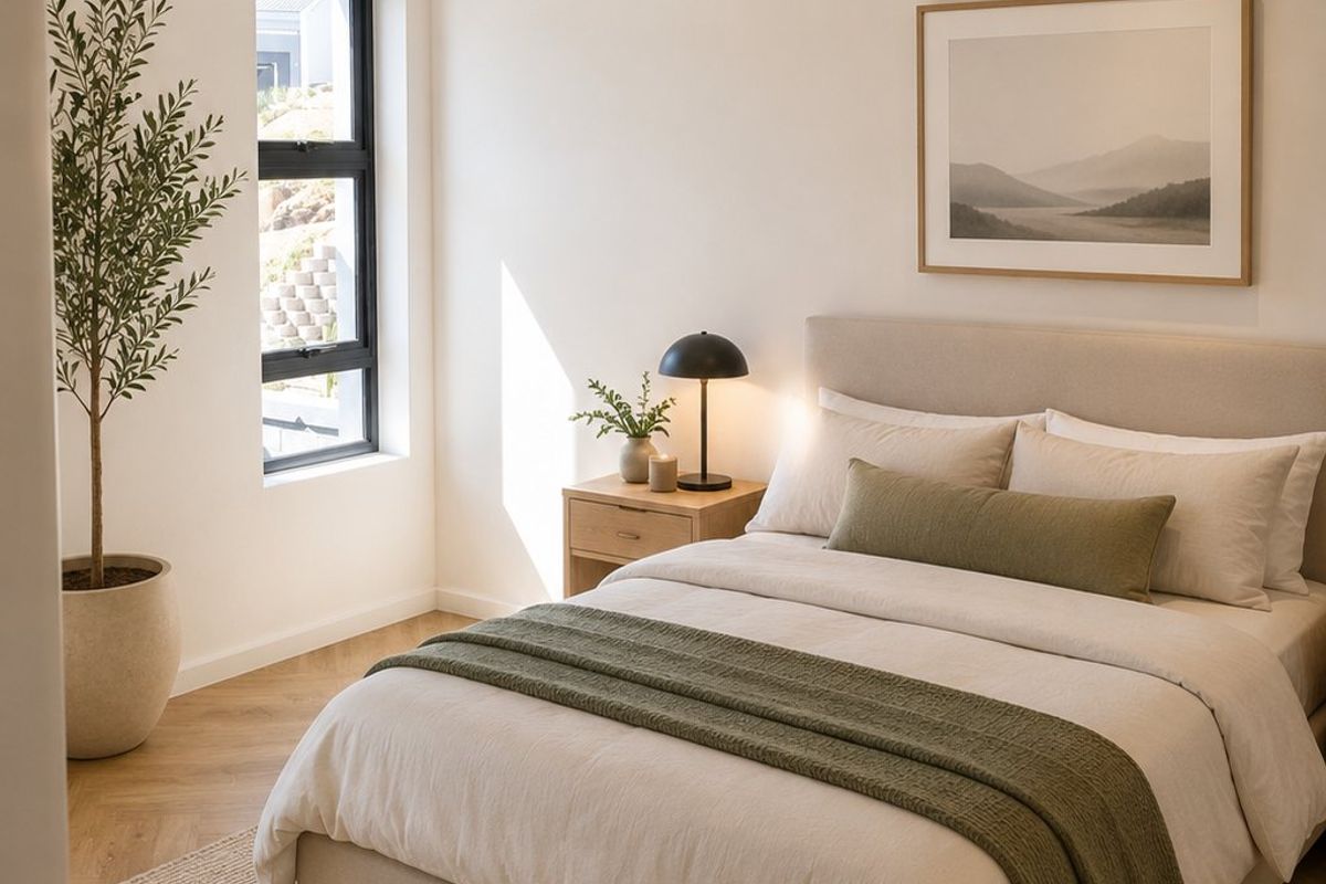 A well-lit, modern bedroom featuring herringbone timber flooring, neutral tones, and a large window providing natural light.