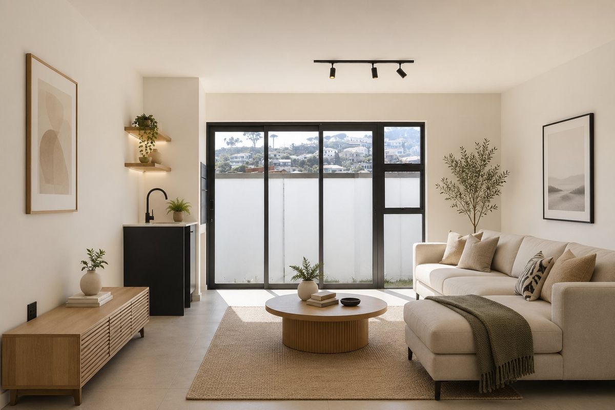 Modern living room featuring sleek tiled floors, track lighting, and a built-in bar area with sliding glass doors leading to the exterior.