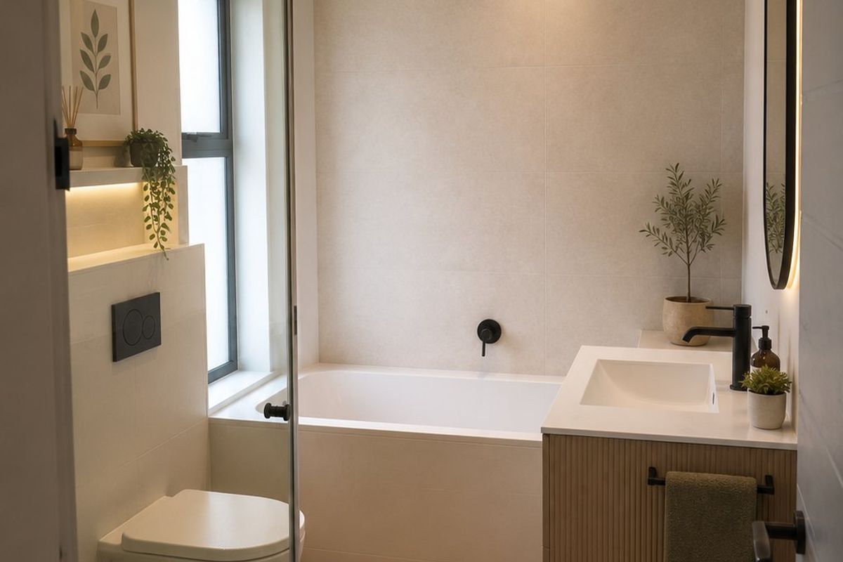 Modern bathroom featuring a wall-hung toilet, built-in bathtub, vanity with integrated basin, and contemporary black matte fixtures with warm ambient lighting.