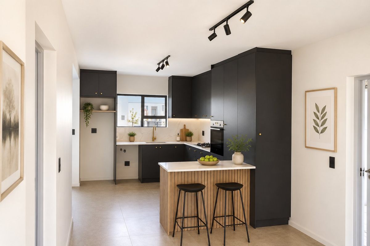 Modern kitchen featuring matte black cabinetry, stone countertops, integrated appliances, and a timber-accented breakfast bar with contemporary track lighting.