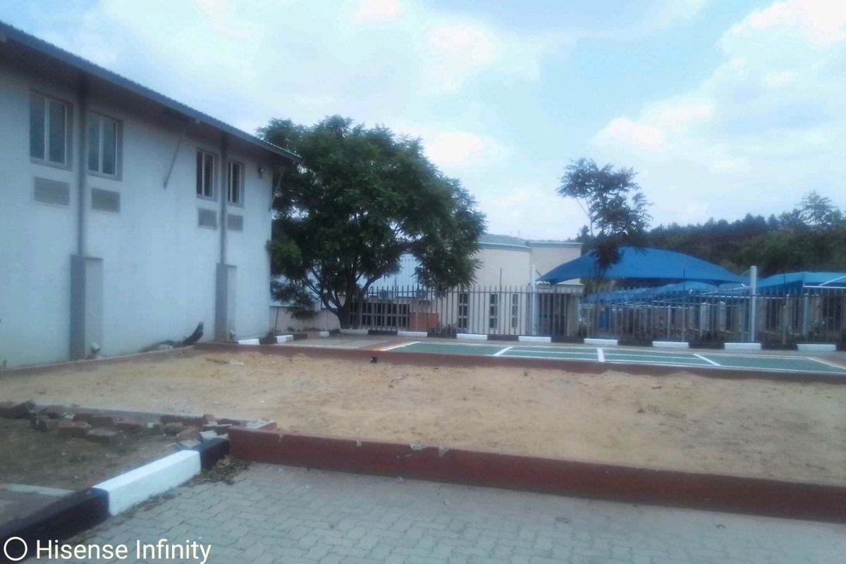 Rear exterior view of the commercial property featuring a paved driveway, perimeter fencing, and a shaded outdoor area with unfinished ground surfacing.