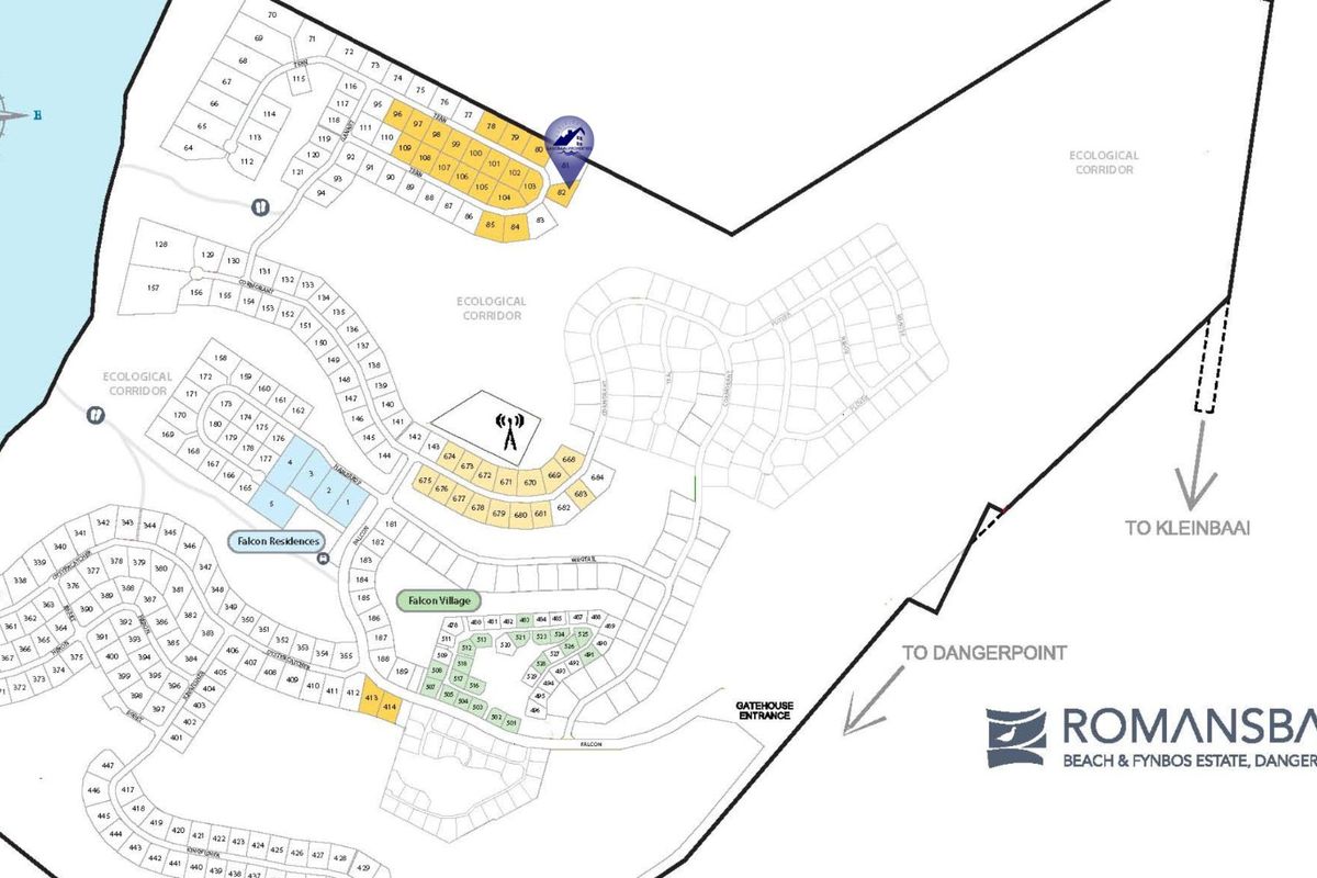 A detailed site layout plan for the Romansbaai Beach & Fynbos Estate, showing individual residential plots, ecological corridors, and estate access points.