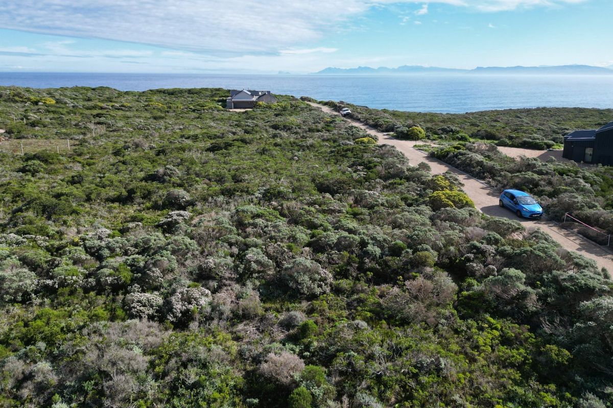 An aerial view of a vacant residential plot featuring native coastal vegetation, an access road, and panoramic ocean views.