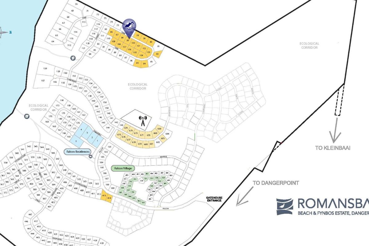 A detailed site layout plan for the Romansbaai Beach & Fynbos Estate, showing individual residential plots, ecological corridors, and estate access points.