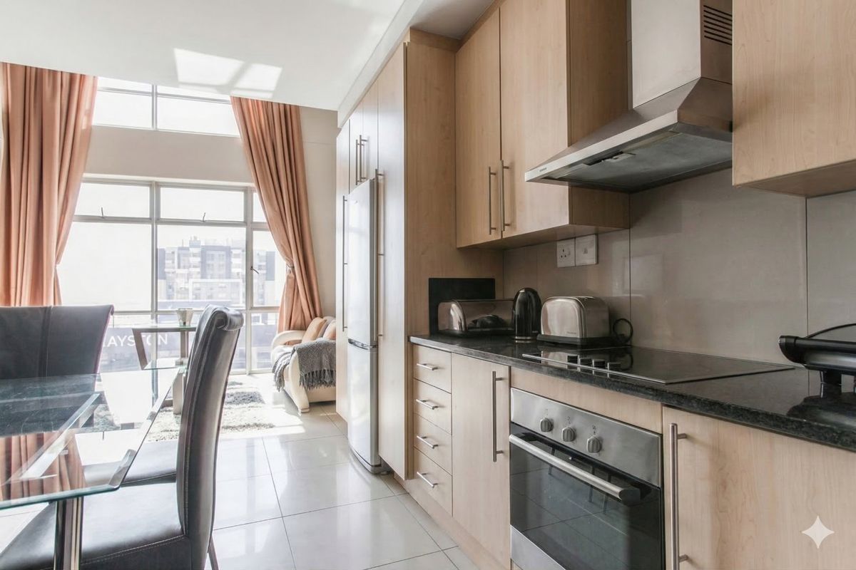 Modern open-plan kitchen and dining area featuring light wood cabinetry, stone countertops, integrated appliances, and large windows providing ample natural light.