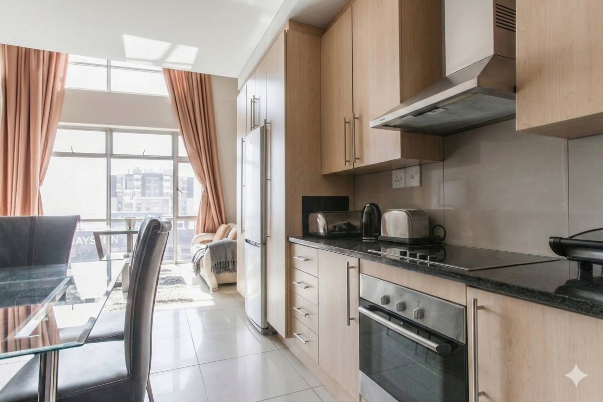 Modern open-plan kitchen featuring light wood cabinetry, stone countertops, and integrated appliances, flowing into a bright living area with floor-to-ceiling windows.