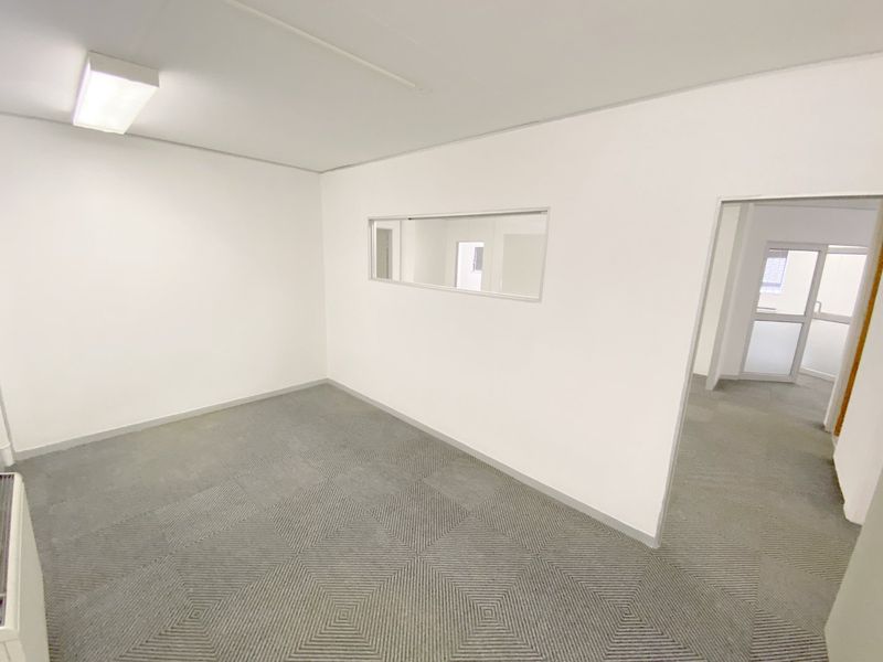A clean, empty office space featuring neutral carpet tiles, a built-in internal window, and a functional overhead light fixture.