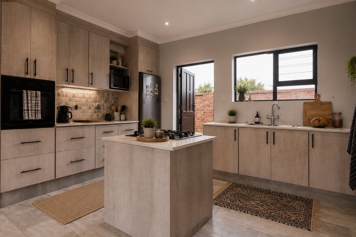 Modern kitchen featuring light wood-grain cabinetry, stone countertops, a central island with a gas hob, built-in oven, and direct access to the rear exterior.