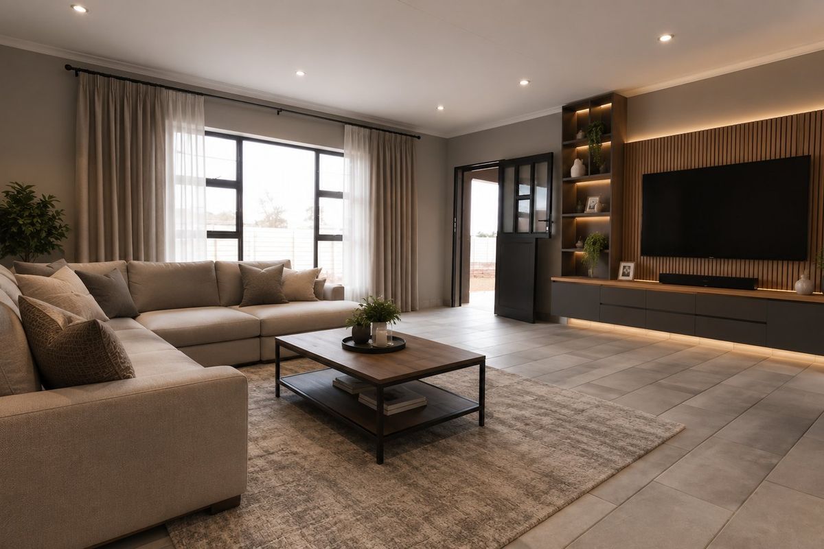 Modern living room featuring tiled floors, a timber slat feature wall with built-in cabinetry, integrated LED lighting, and a stylish dutch door.