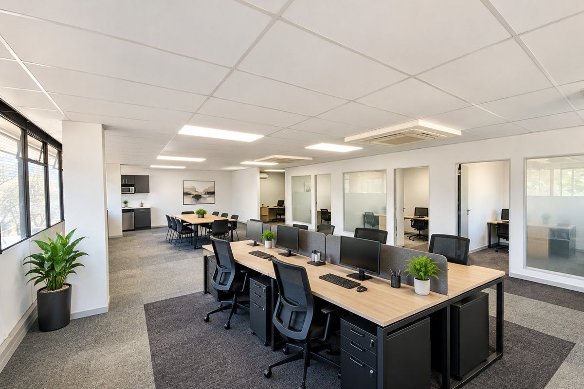 Modern open-plan commercial office space featuring carpeted flooring, suspended ceilings, glass-partitioned private offices, and a convenient built-in kitchenette area.