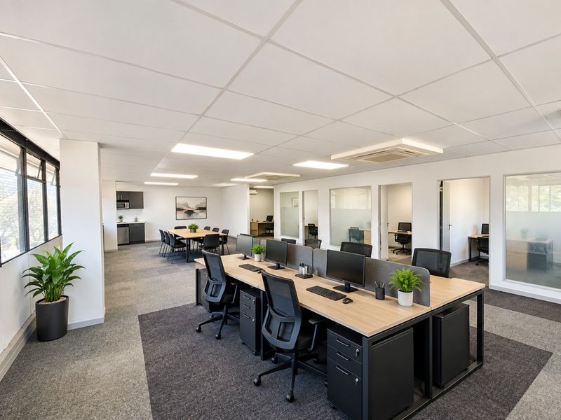 Modern open-plan commercial office space featuring carpeted flooring, suspended ceilings, glass-partitioned private offices, and a convenient built-in kitchenette area.
