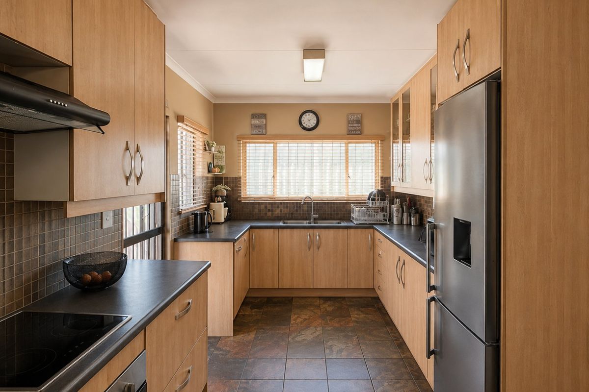 A functional U-shaped kitchen featuring light wood-finish cabinetry, dark countertops, tiled backsplash, and slate-style flooring with integrated appliances.