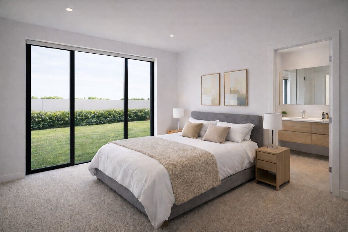 Modern bedroom featuring floor-to-ceiling glass doors with garden views, neutral carpeting, recessed lighting, and an adjoining en-suite bathroom with a contemporary vanity.