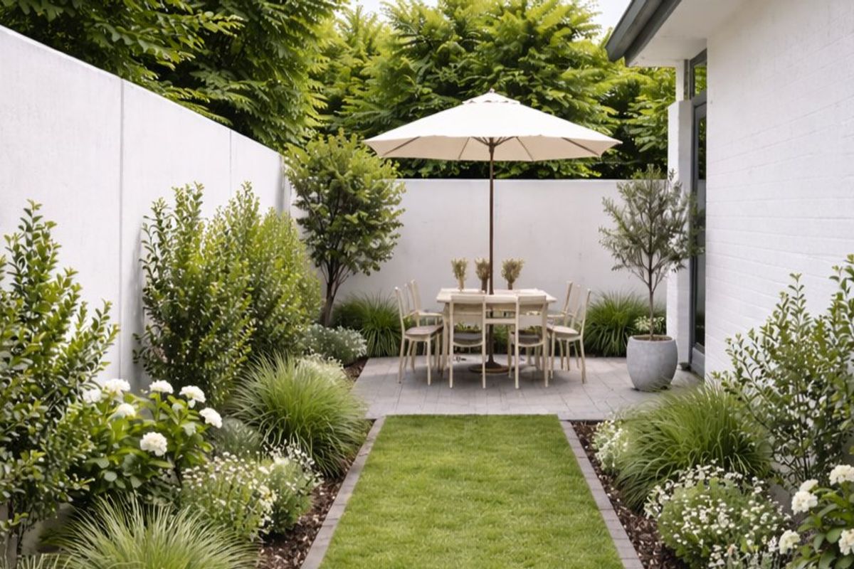 A beautifully landscaped rear garden featuring a paved patio area, lush lawn, and high boundary walls for privacy.