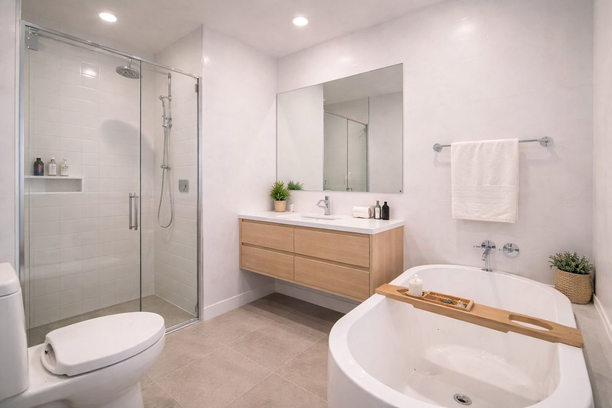 Modern bathroom featuring a walk-in shower with glass screen, a floating timber vanity, and a sleek freestanding bathtub with contemporary fixtures.