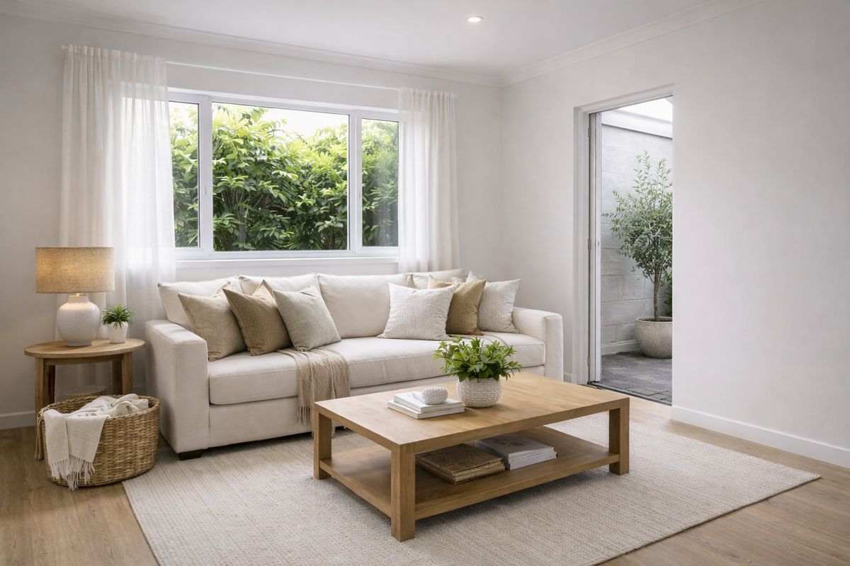Bright and airy living room featuring neutral finishes, recessed lighting, and direct access to an outdoor patio area through a sliding glass door.
