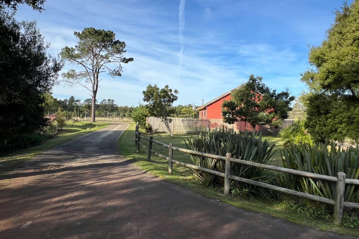 A scenic view of a residential property entrance featuring a paved driveway, timber fencing, and well-maintained garden landscaping.