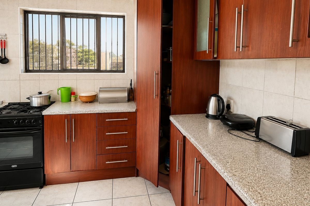 Functional kitchen featuring wood-veneer cabinetry, granite-look laminate countertops, tiled flooring, and a built-in gas stove with oven.