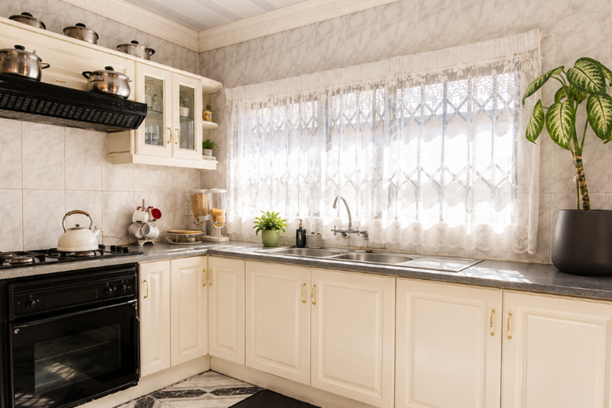 A functional kitchen featuring cream cabinetry, a built-in oven, gas hob, extractor fan, and double basin sink with tiled finishes.