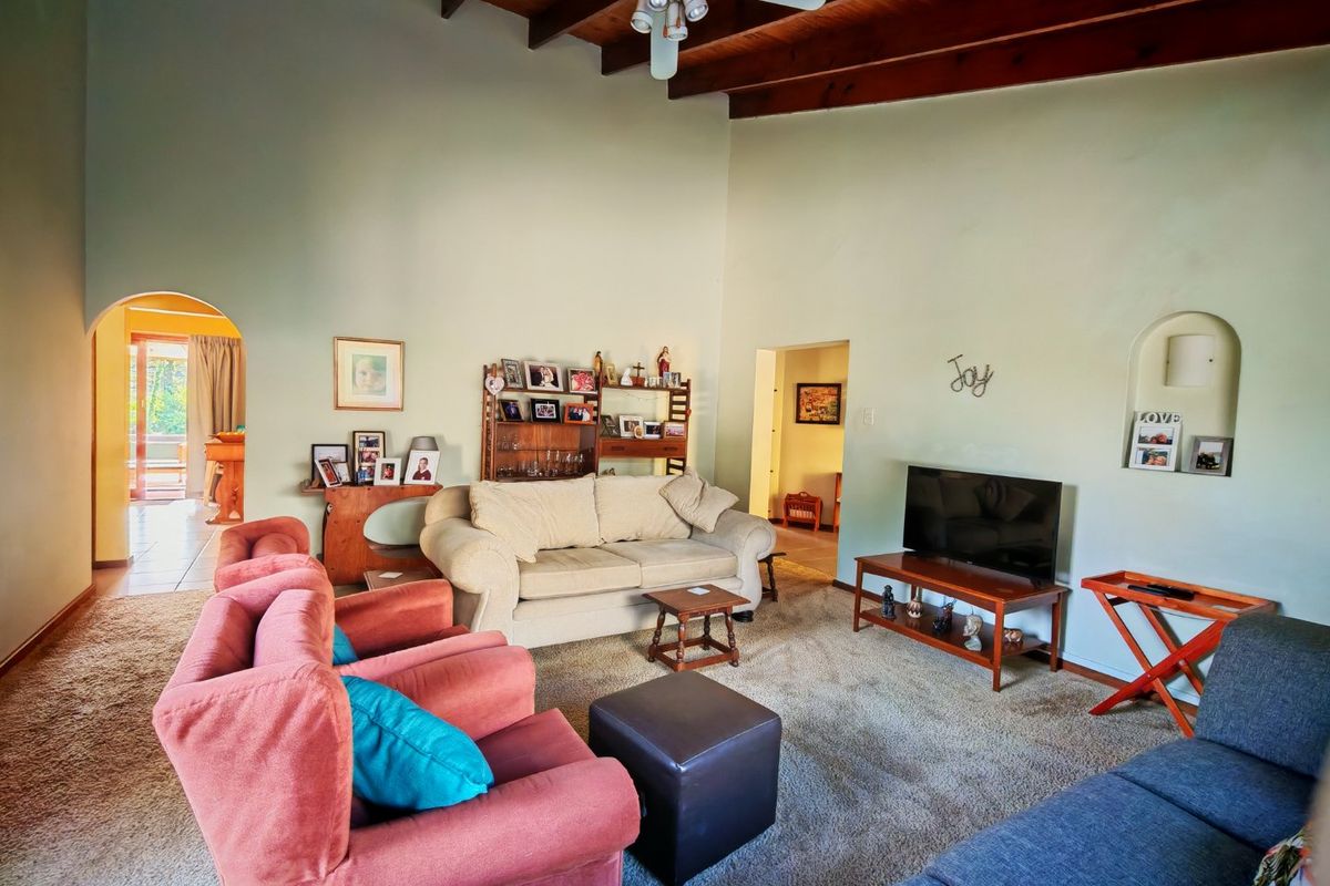 Spacious living room featuring high vaulted ceilings with exposed timber beams and a classic arched doorway leading to an adjacent area.