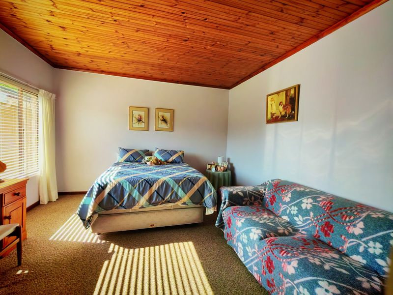 A spacious bedroom featuring a warm timber-clad ceiling, neutral walls, and carpeted flooring, illuminated by natural light through a large window.