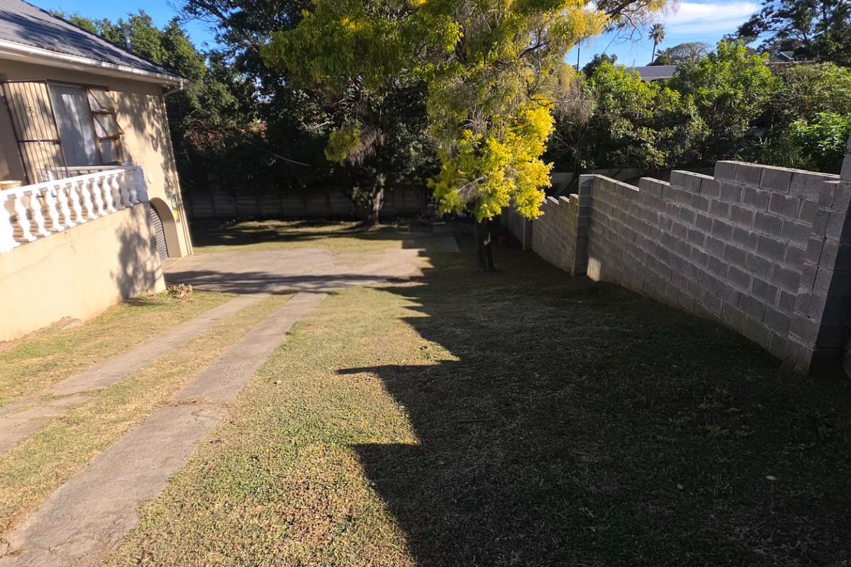 Spacious rear garden area featuring a concrete driveway, established trees, and a long concrete block boundary wall.