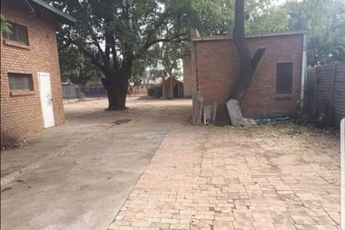 Rear exterior view of a commercial property featuring brick buildings, a paved driveway, and a concrete area with mature trees.