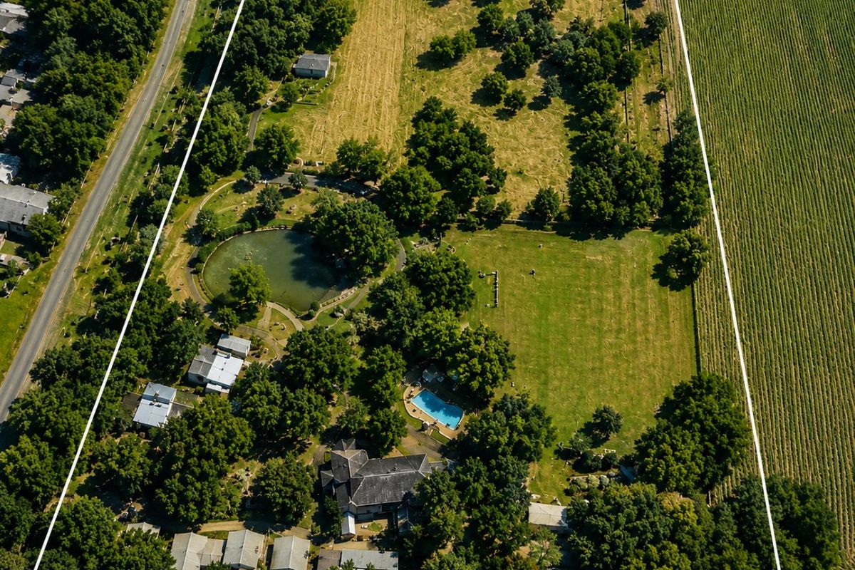 Aerial view of a large farm property featuring a main residence, swimming pool, private pond, mature trees, and extensive open pasture land.