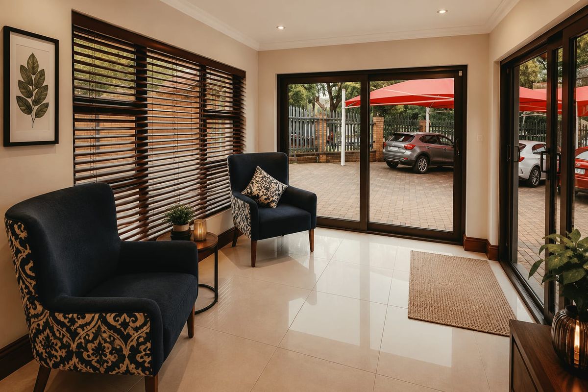 Bright living area featuring large sliding glass doors, tiled flooring, and modern recessed lighting, offering a seamless transition to the outdoor paved area.