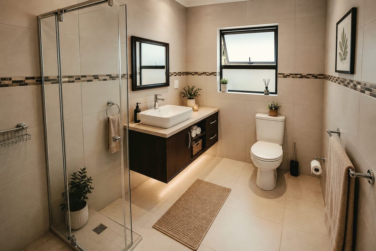 Modern bathroom featuring a floating vanity with vessel sink, glass-enclosed shower, neutral wall tiles with decorative border, and a top-hung window.
