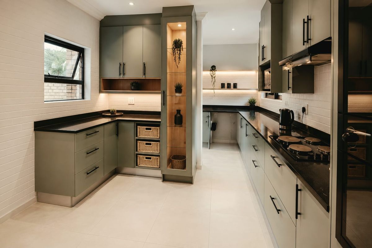 Modern kitchen featuring sage green cabinetry, dark stone countertops, integrated appliances, and stylish under-cabinet lighting with a clean, contemporary finish.