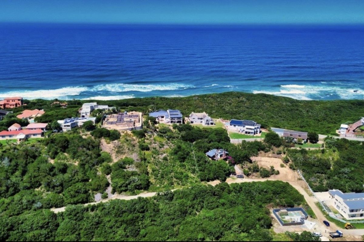 An aerial view of a coastal residential area featuring lush vegetation and proximity to the ocean.