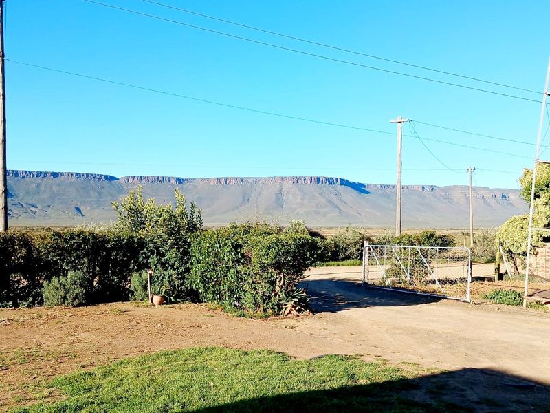A scenic view of the expansive farm landscape featuring a metal gate, gravel driveway, and distant mountain range under a clear blue sky.