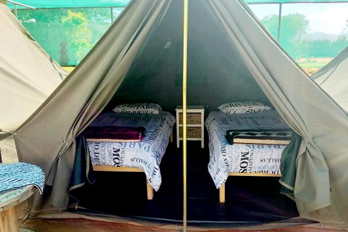 A canvas tent bedroom setup featuring twin beds under a protective shade netting structure, suitable for farm-style glamping accommodation.