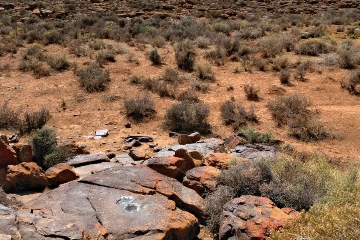 A wide-angle view of the expansive, arid landscape featuring natural rock formations and native scrub vegetation under a cloudy sky.