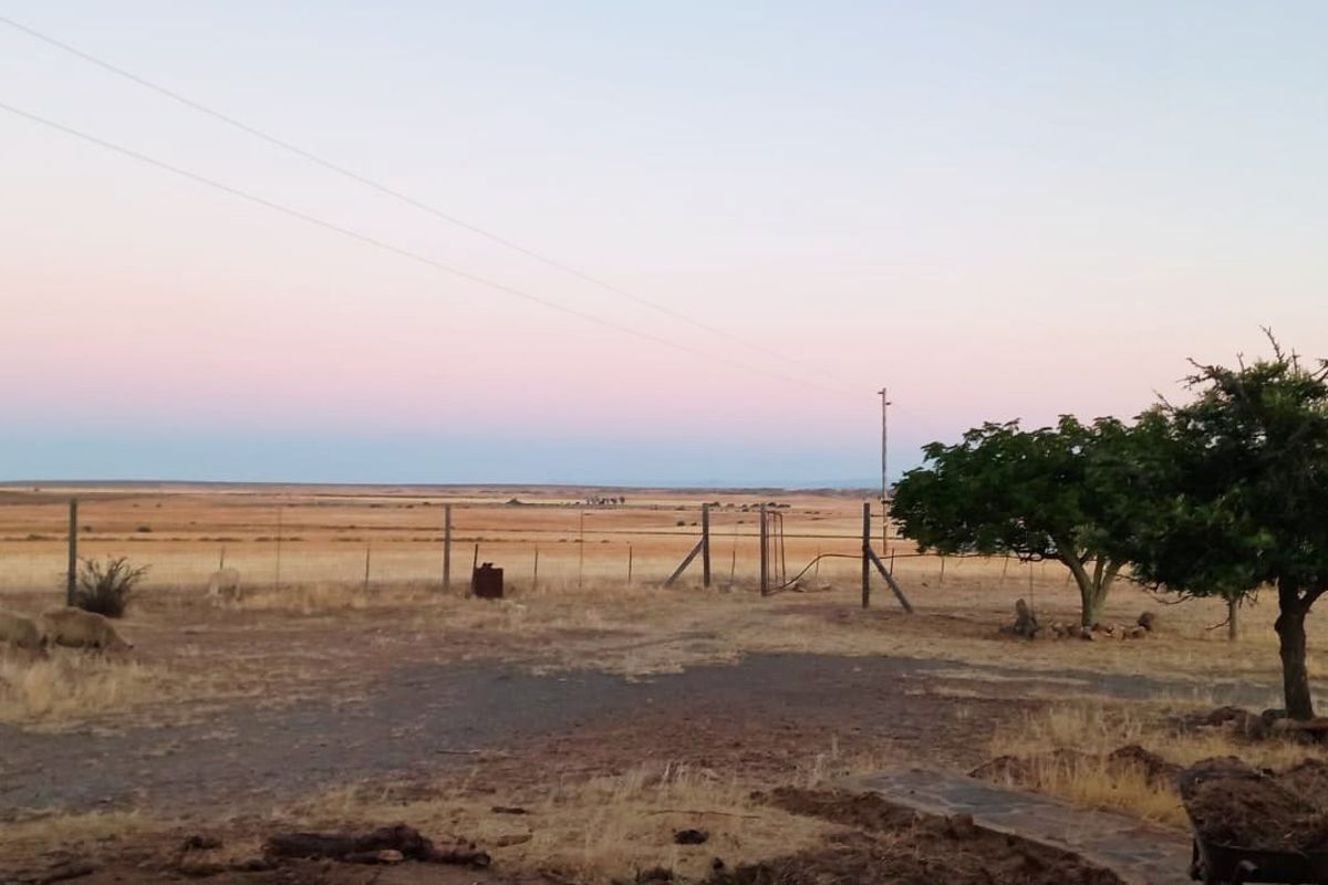 Expansive view of the open farm landscape featuring wire fencing and natural vegetation under a clear sky.