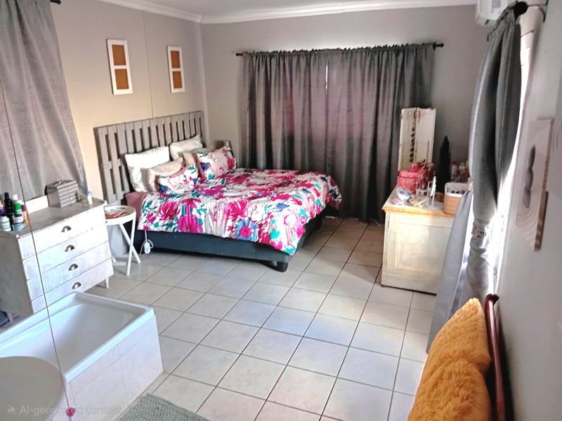 A bedroom featuring tiled flooring and a wall-mounted air conditioning unit.