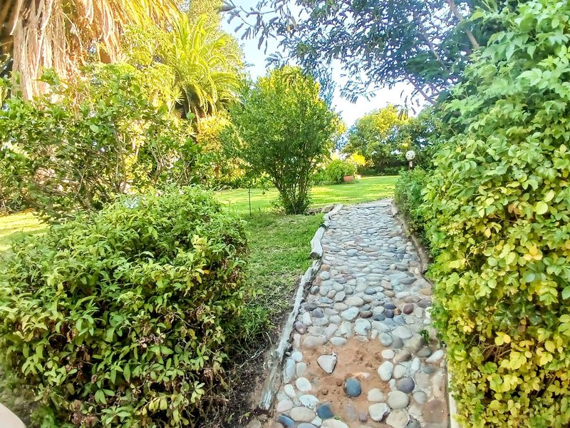 A lush garden area featuring a rustic cobblestone pathway winding through mature trees and well-maintained greenery.