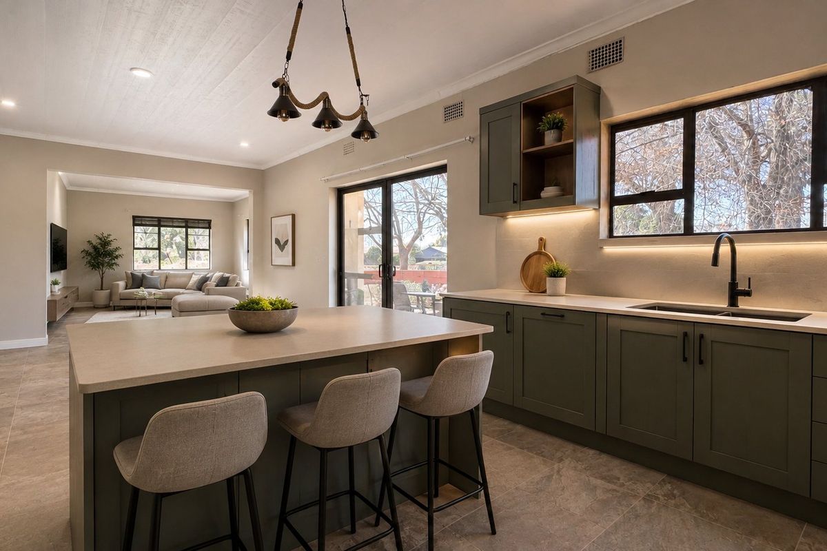 Modern open-plan kitchen featuring sage green cabinetry, stone countertops, a central island, and seamless flow into the adjacent living area.