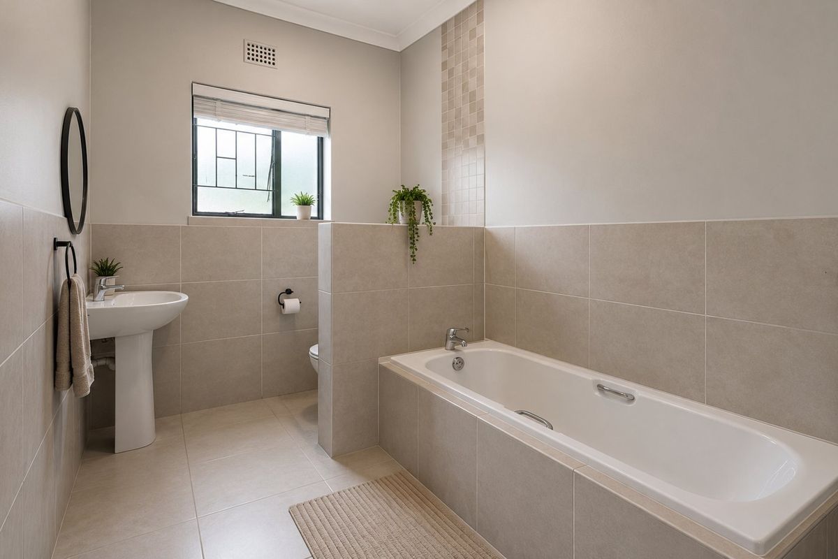 A clean, modern bathroom featuring a pedestal basin, a tiled built-in bathtub, and neutral wall tiling with a decorative accent strip.