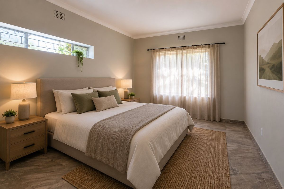 A well-maintained bedroom featuring neutral wall tones, tiled flooring, and a clerestory window providing natural light.
