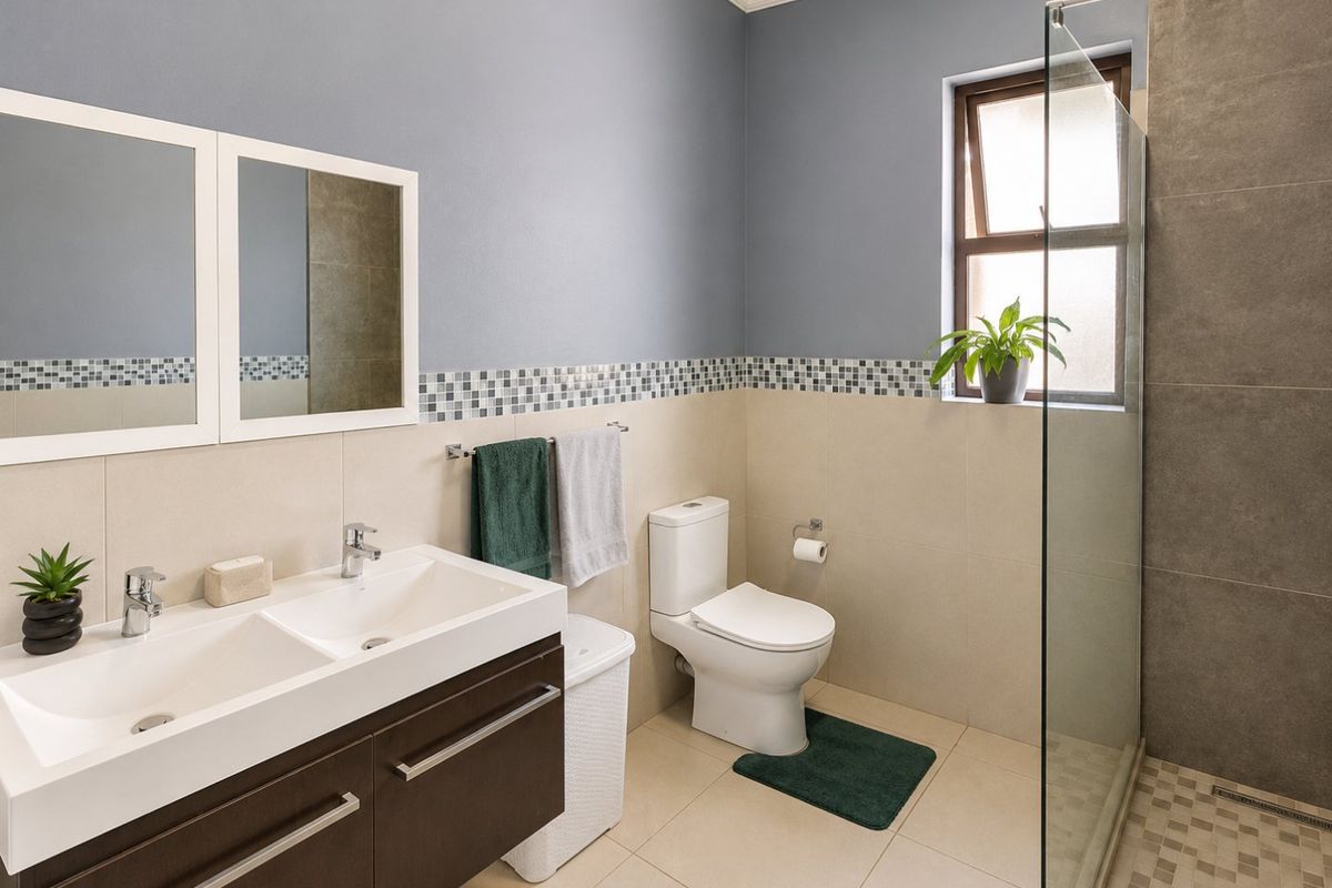 Modern bathroom featuring a double vanity, glass-enclosed shower, and neutral ceramic tiling with a decorative mosaic accent border.