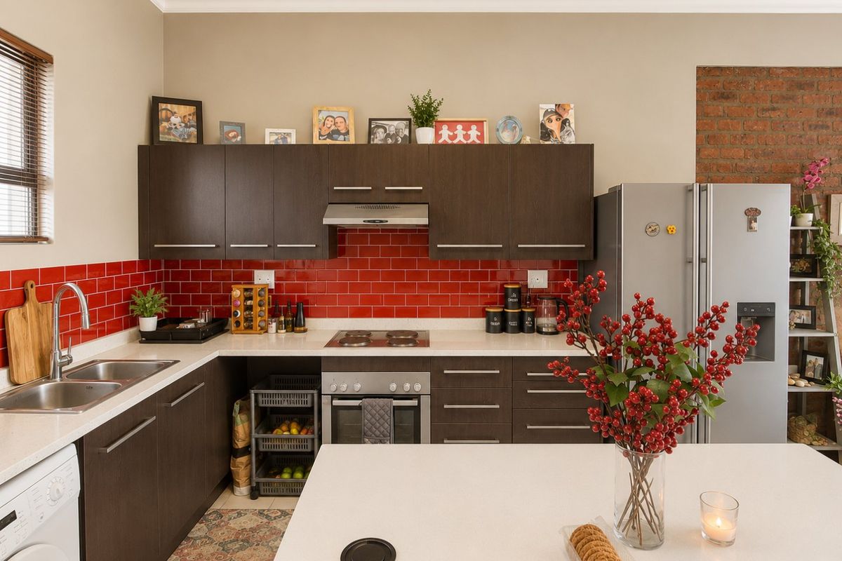 Modern kitchen featuring dark wood cabinetry, striking red subway tile backsplash, white stone countertops, and an exposed brick feature wall.