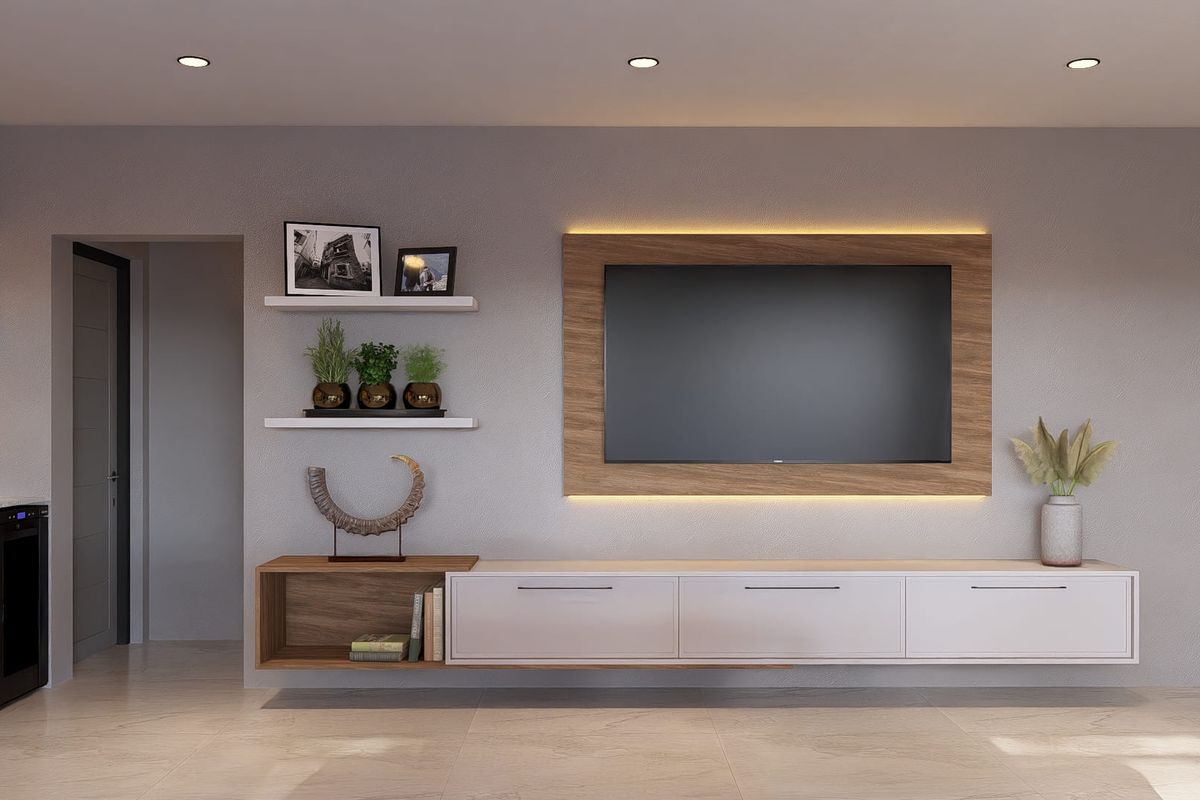 Modern living room featuring a sleek floating media console, integrated backlit wall panel, recessed lighting, and neutral tiled flooring.