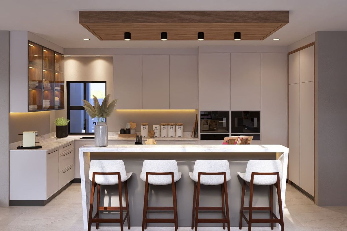 Modern kitchen featuring sleek handleless cabinetry, stone countertops, integrated appliances, a central island, and sophisticated recessed lighting with a timber ceiling accent.