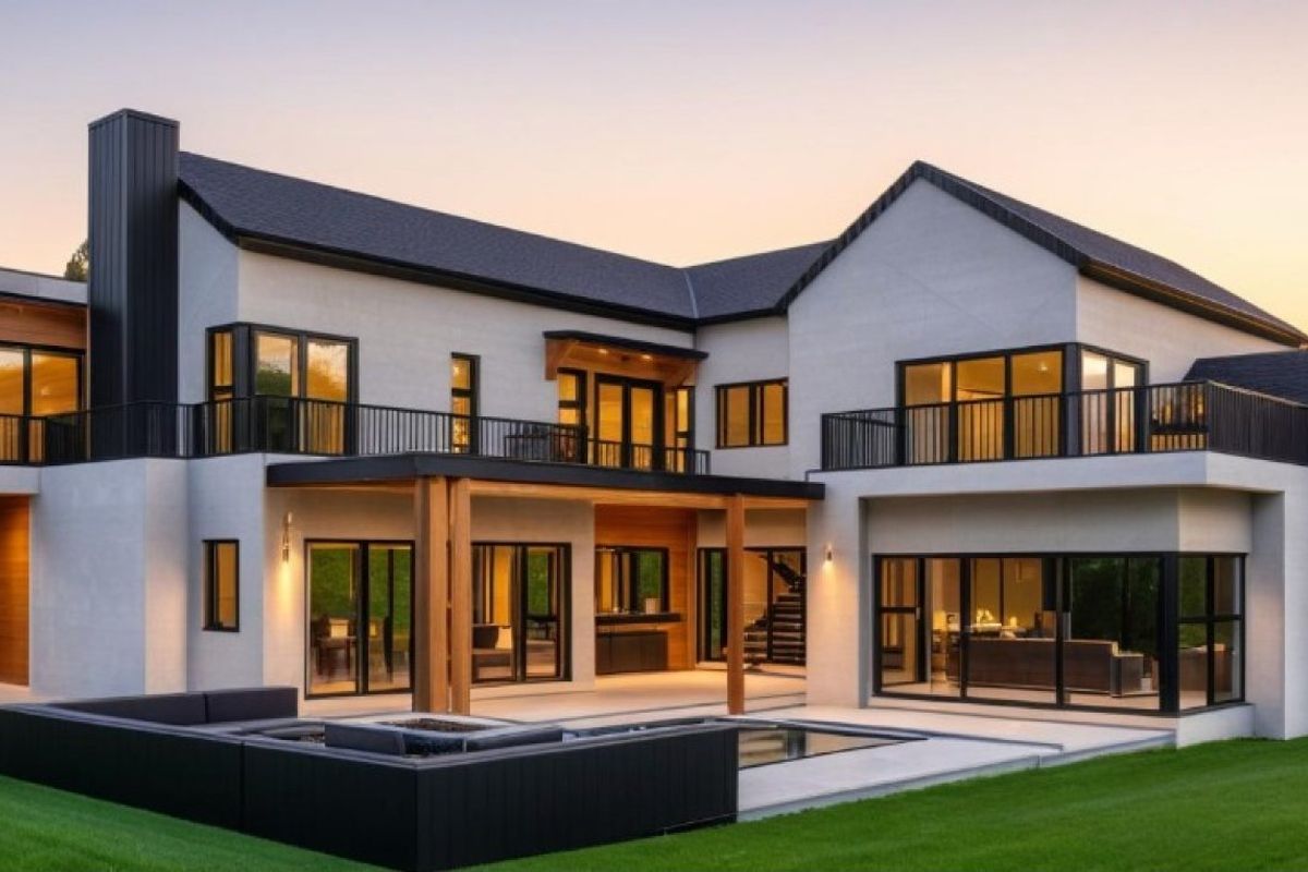 A modern luxury residence featuring a spacious rear patio, swimming pool, and expansive glass doors opening to a landscaped garden.